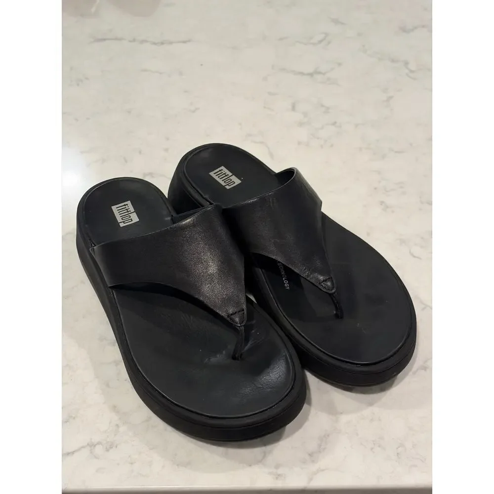 Fitflop Women’s F-Mode Leather Flatform Toe-Post Sandals Slip On Size 6.5 Black